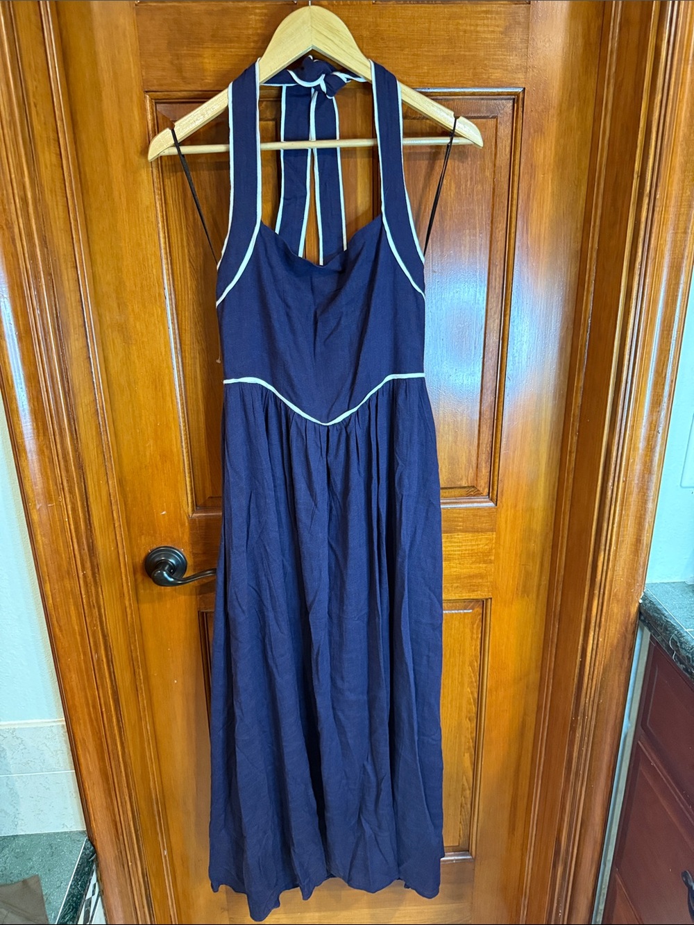 Navy Halter Maxi Dress with Cream Contrast Trim